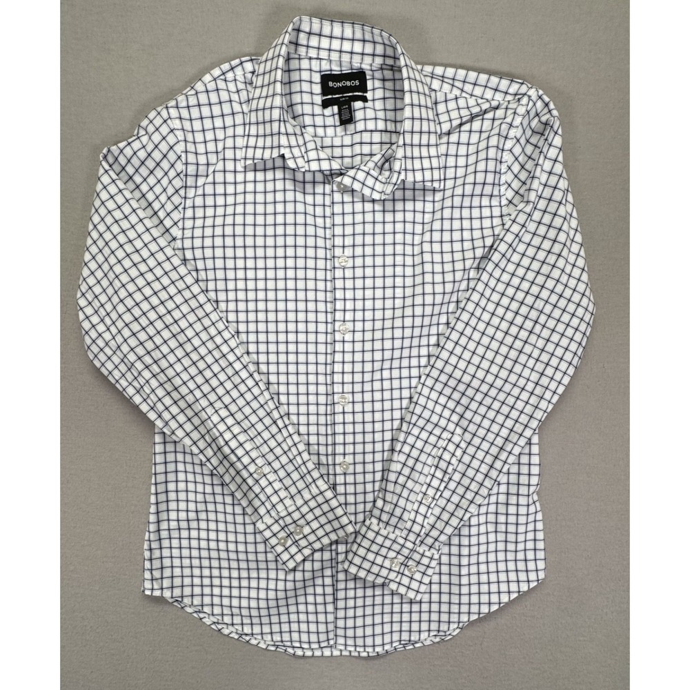 Bonobos Mens Button Down Slim Fit White Navy Windowpane Tech Shirt Large
